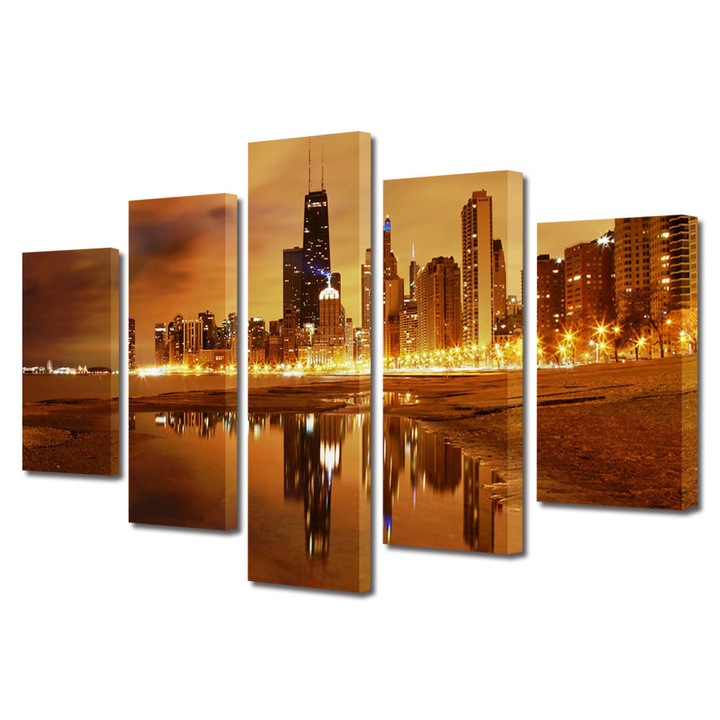 Set Tablouri Multicanvas 5 Piese Urban Orase Apus in Chicago USA, 70 x 125 cm