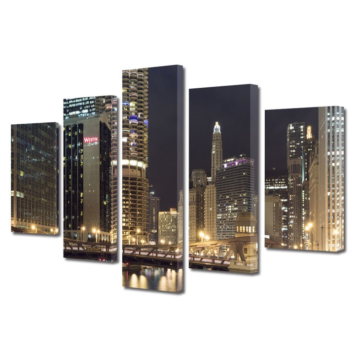 Set Tablouri Multicanvas 5 Piese Urban Orase Chicago, 70 x 125 cm