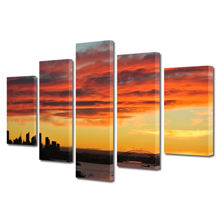 Set Tablouri Multicanvas 5 Piese Urban Orase Nori colorati la apus, 70 x 125 cm