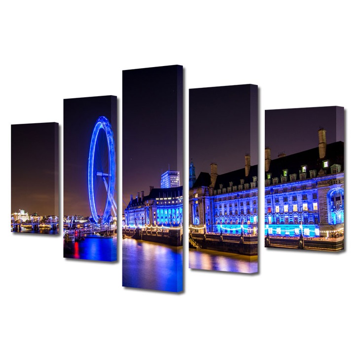 Set Tablouri Multicanvas 5 Piese Urban Orase Londra in noapte, 70 x 125 cm