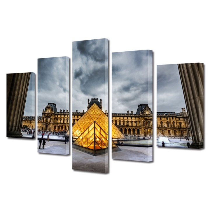 Set Tablouri Multicanvas 5 Piese Urban Orase Muzeul Louvre Paris Franta, 70 x 125 cm