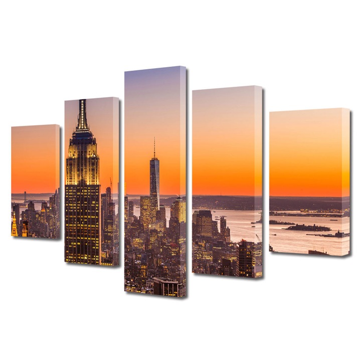 Set Tablouri Multicanvas 5 Piese Urban Orase Plutind peste New York, 70 x 125 cm