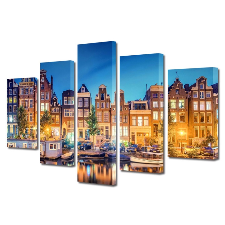 Set Tablouri Multicanvas 5 Piese Urban Orase Lumini in Amsterdam, 70 x 125 cm