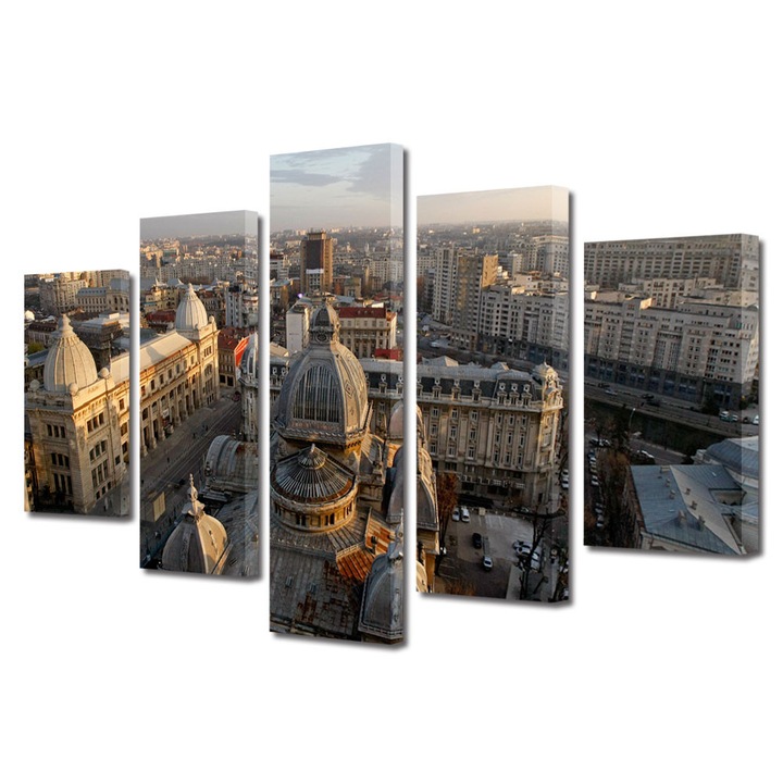 Set Tablouri Multicanvas 5 Piese Urban Orase Centrul Bucurestiului de sus, 70 x 125 cm