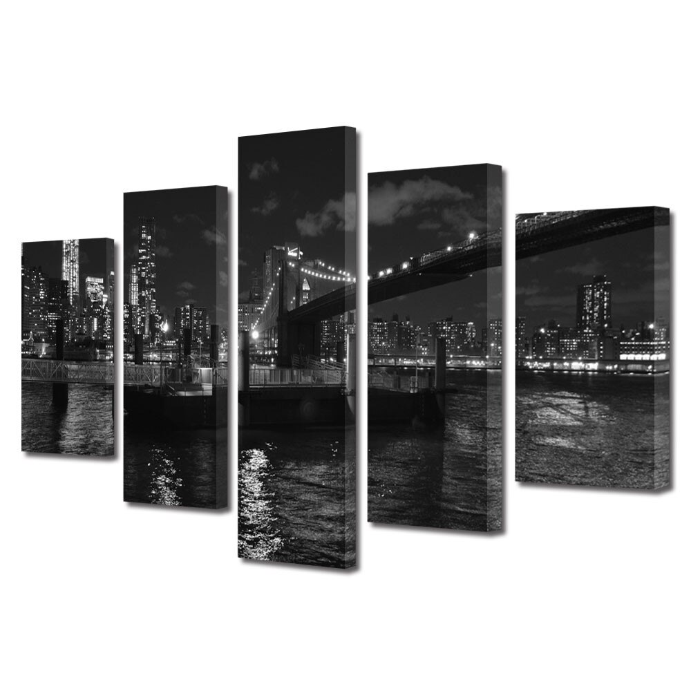 Set Tablouri Multicanvas 5 Piese Urban Orase Podul Brooklyn Alb Negru, 70 x 125 cm