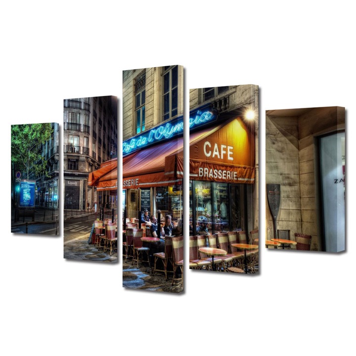 Set Tablouri Multicanvas 5 Piese Urban Orase Cafenera in Paris Franta, 70 x 125 cm