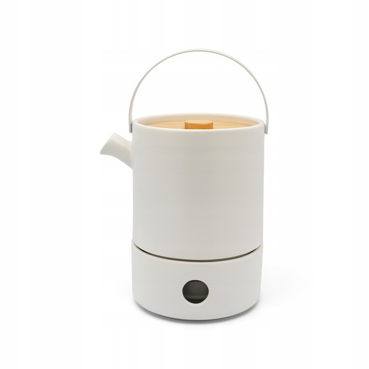 Чайник с инфузер/нагревател, Bredemeijer, Umea, керамика/бамбук, 1,2 л, бял/кафяв