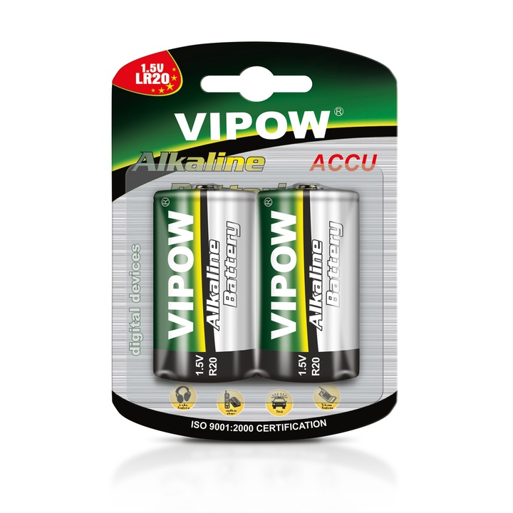 Set 2 baterii alcaline, Vipow, LR20, 1,5 V