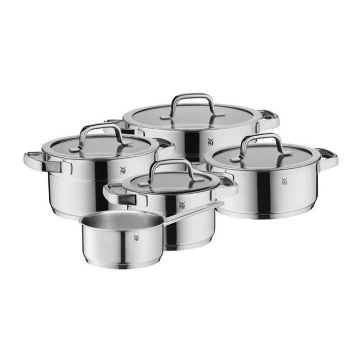 Комплект 4 тенджери с капаци и тиган, WMF, Compact Cuisine, Неръждаема стомана, 9 части, Сребристи