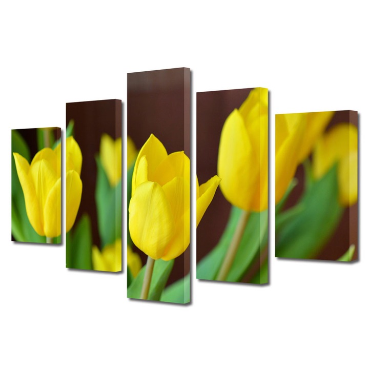 Tablou Multicanvas 5 Piese Flori, Lalele galbene, 60 x 100 cm