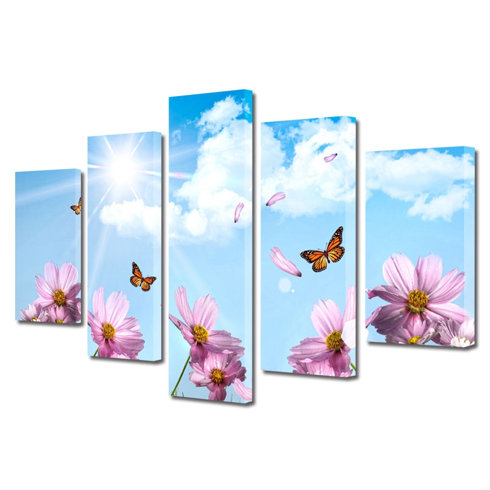 Tablou Multicanvas 5 Piese Flori, Fluturi si flori de primavara, 60 x 100 cm