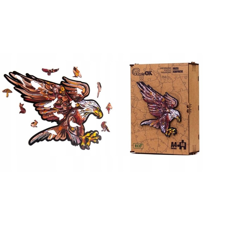 Fa puzzle, ECO, Carpathian Eagle Model, 68 db, 6+ év, 21x15x7cm, Többszínű