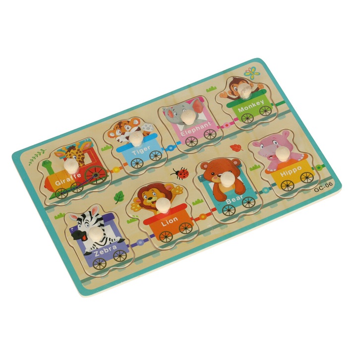 Puzzle pentru copii, Lemn, Model animale gradina zoologica, 8 piese, 22,5x14,7x0,4 cm, Multicolor