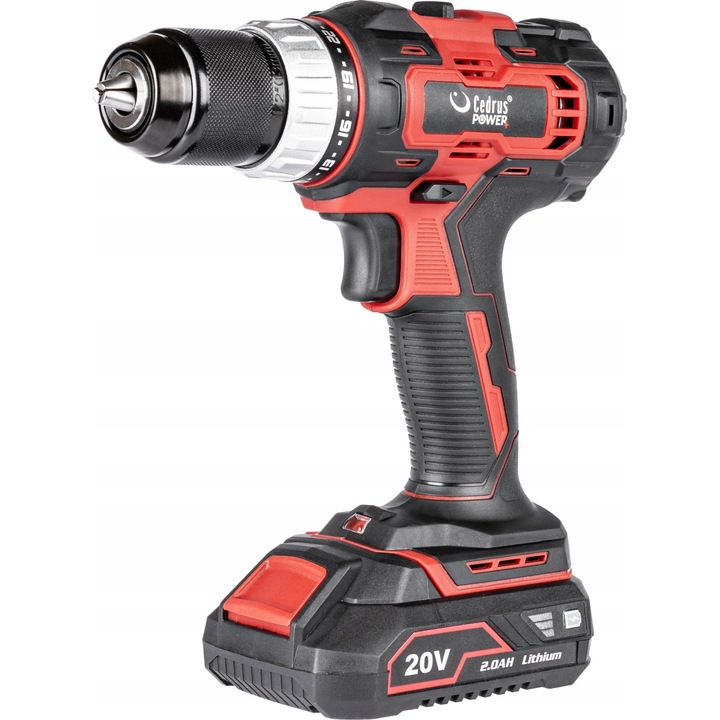 Бормашина модел D40LI-SET, Cedrus, 20V, 2 x 2Ah батерии, Диаметър на патронника 13 мм, Скорост на въртене 1400, Черен/Червен