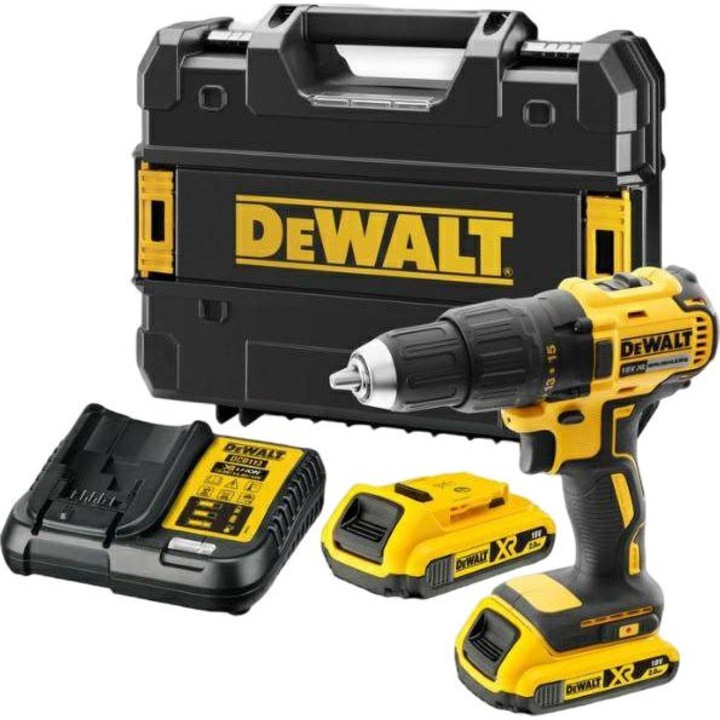 Fúrógép készlet elemekkel és tartozékokkal, Dewalt, 18V, 2 elem x 2Ah, Fúrótokmány átmérője 13 mm, Nyomaték 65 Nm, Forgási sebesség 1750, Fekete/Sárga