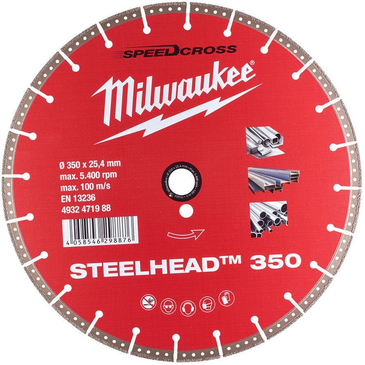 Disc diamantat, Milwaukee, Steelhead, 350 mm, Pentru beton si otel, Rosu
