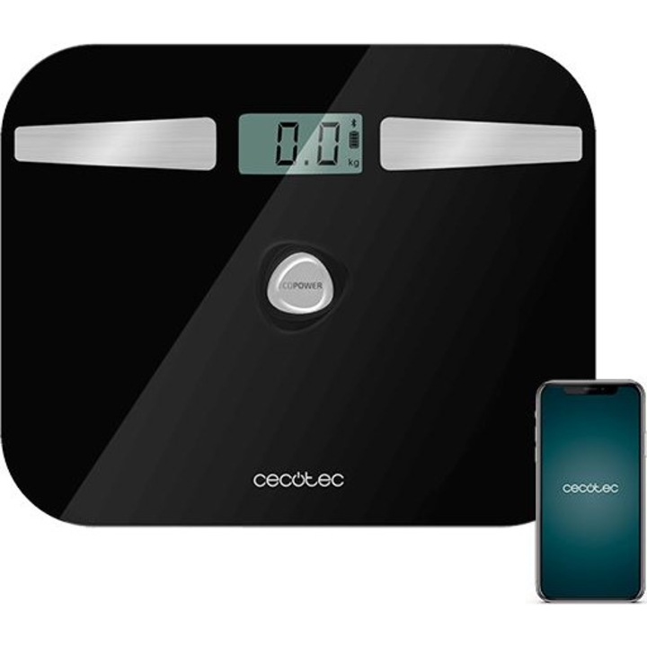Везна за баня, Cecotec, Glass, Smart, Максимално поддържано тегло от 180 кг, Черна