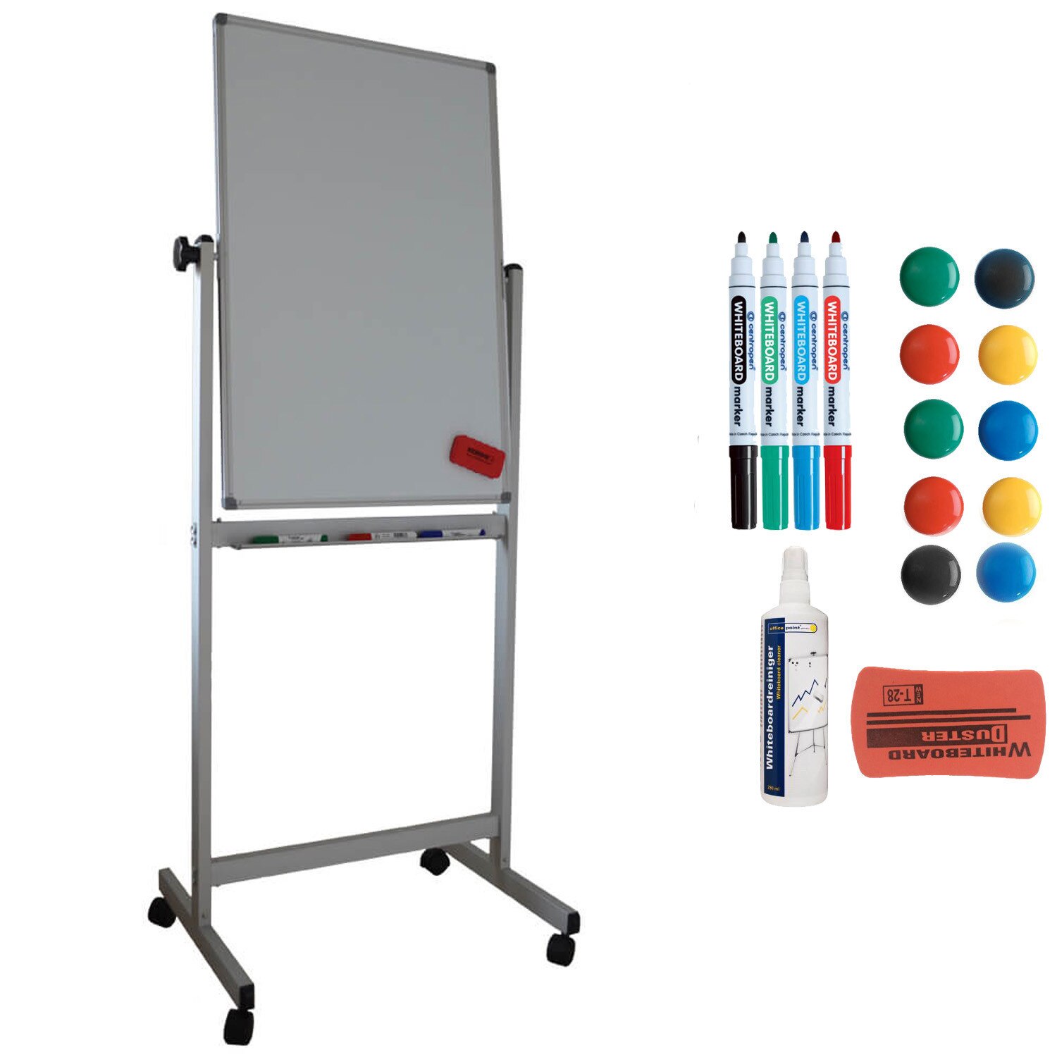 Pachet whiteboard rotativ mobil, 60x90 cm si accesorii: markere, burete, magneti, spray curatare
