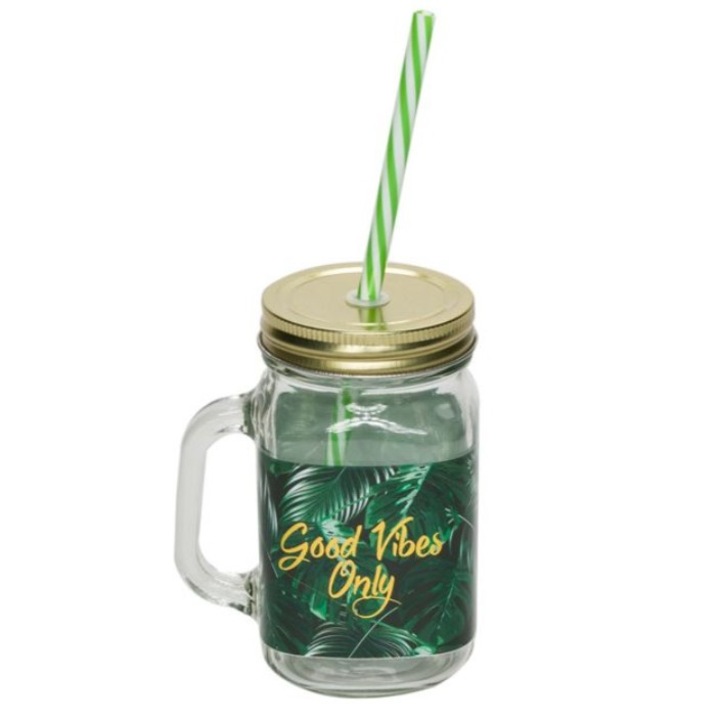 Стъклена чаша с капак и сламка, зелена, 450 ml, M Deco