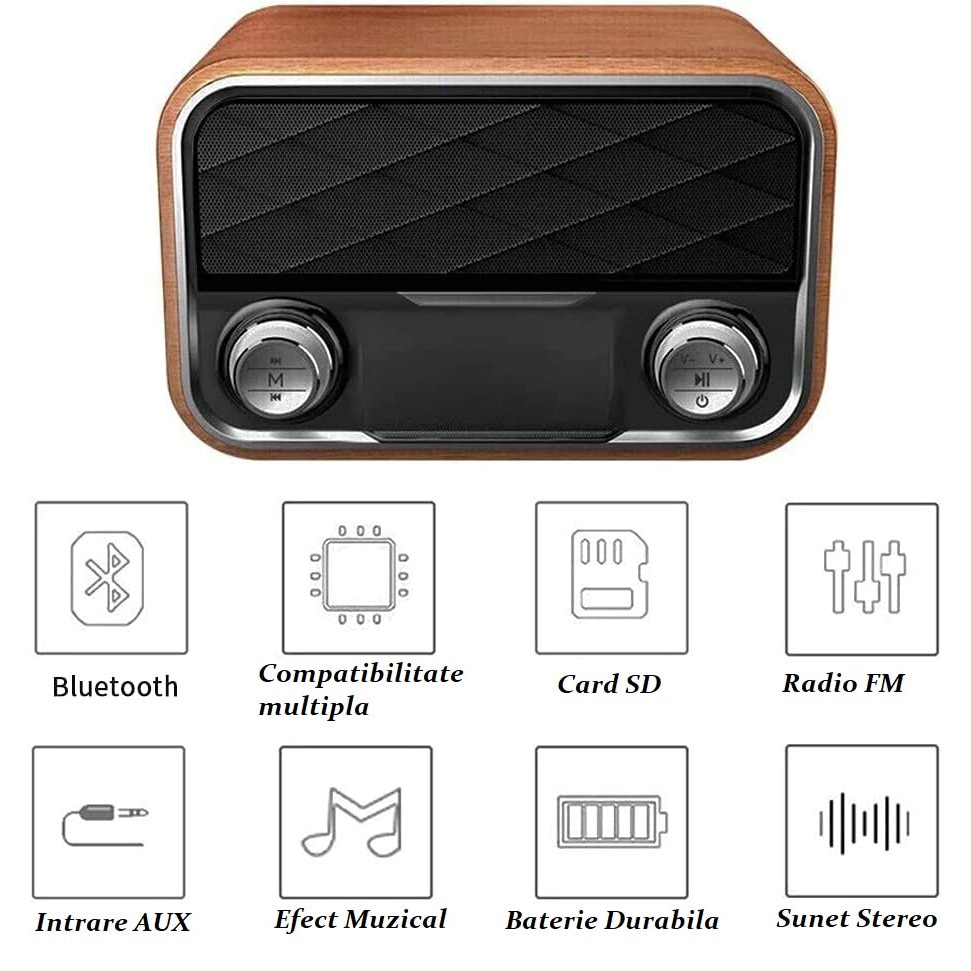 Преносимо ретро радио TNS®, безжично зареждане на телефон, Bluetooth, USB,  Aux, SD карта, LED дисплей, 15H автономност, стерео звук, телескопична  антена, 16x10x10.5cm, кафяв - eMAG.bg