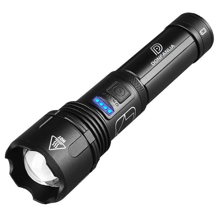 Lanterna tactica LED, din aluminiu, profesionala, focus ajustabil, acumulator inclus, rezistenta la apa, incarcare USB, 2500 lumeni, 5 moduri lumina, negru, pentru camping, vanatoare si utilizare pe timp de noapte