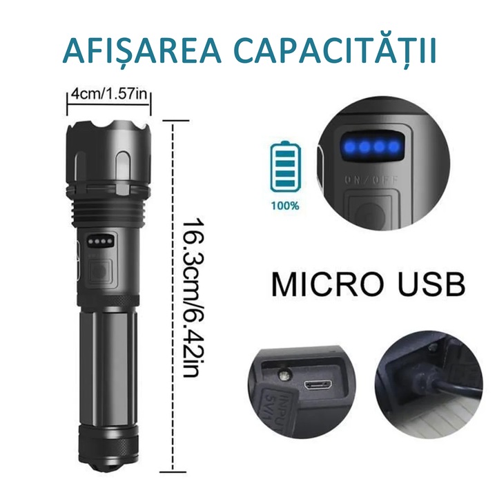 Lanterna tactica LED, din aluminiu, profesionala, focus ajustabil, acumulator inclus, rezistenta la apa, incarcare USB, 2500 lumeni, 5 moduri lumina, negru, pentru camping, vanatoare si utilizare pe timp de noapte