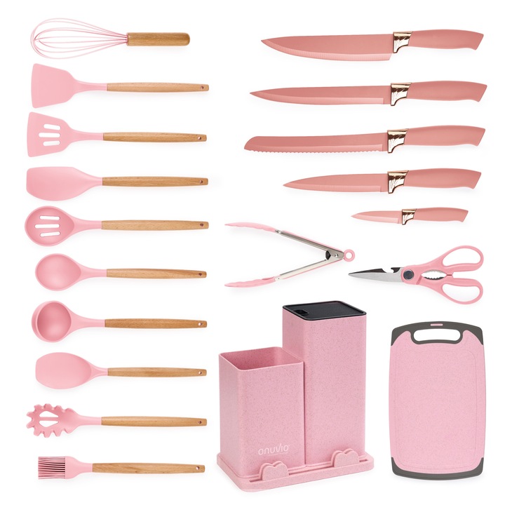 Set ustensile bucatarie 19 piese marime mare XL 1850g, Lemn si Silicon alimentar, Cutite, Tocator, Termorezistente, Antiaderente, Suport Blat, Onuvio™ Fiona - Roz
