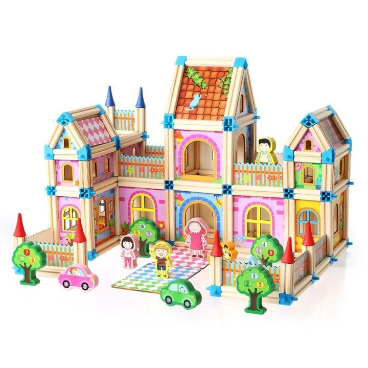 Set blocuri de construit din lemn, 128 piese, Montessori, multicolor