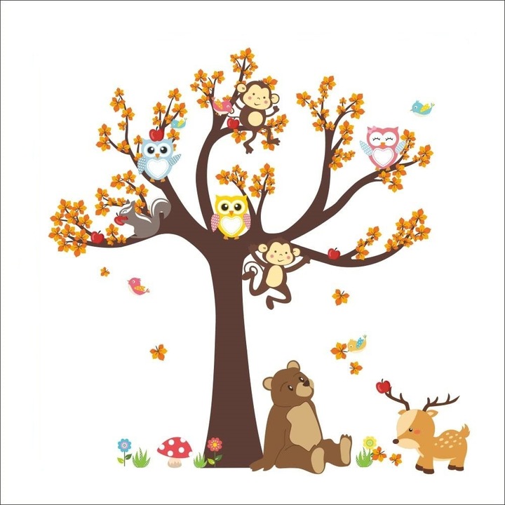 Sticker Decorativ Pentru Camera Copiilor cu Animale Salbatice Luxer, Autocolant Animale in Copac, 100x100 cm