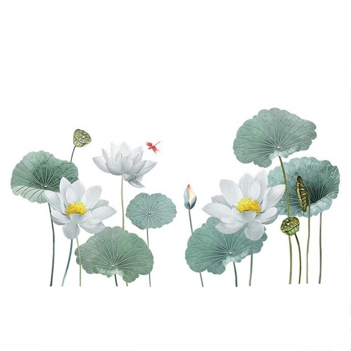 Sticker Decorativ cu Flori Albe de Lotus Luxer, Autocolant White Lotus Flowers, 180x90 cm