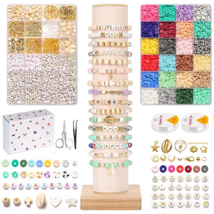Kit de 6000 bucati margele argila, cu snur elastic, Pentru confectionarea bijuteriilor, Multicolor