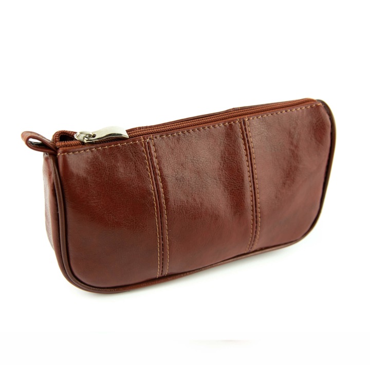 Geanta de machiaj, Franczesko, Piele naturala, 21x11x5CM, Maro coniac