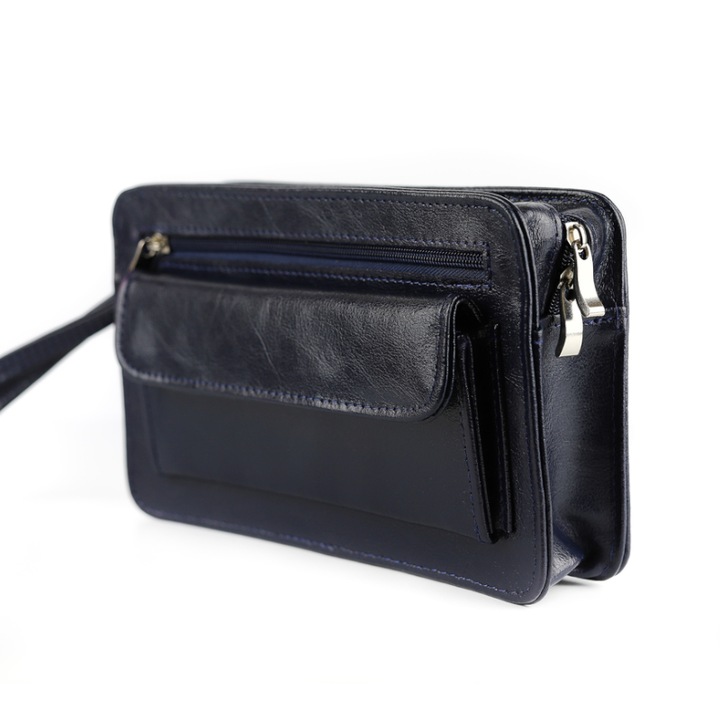 Boríték típusú férfi tok, Franczesko, Cipzárral, Természetes bőr, Sötétkék