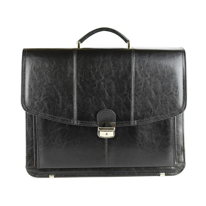 Мъжко куфарче с 3 отделения, френско, Естествена кожа, Черно