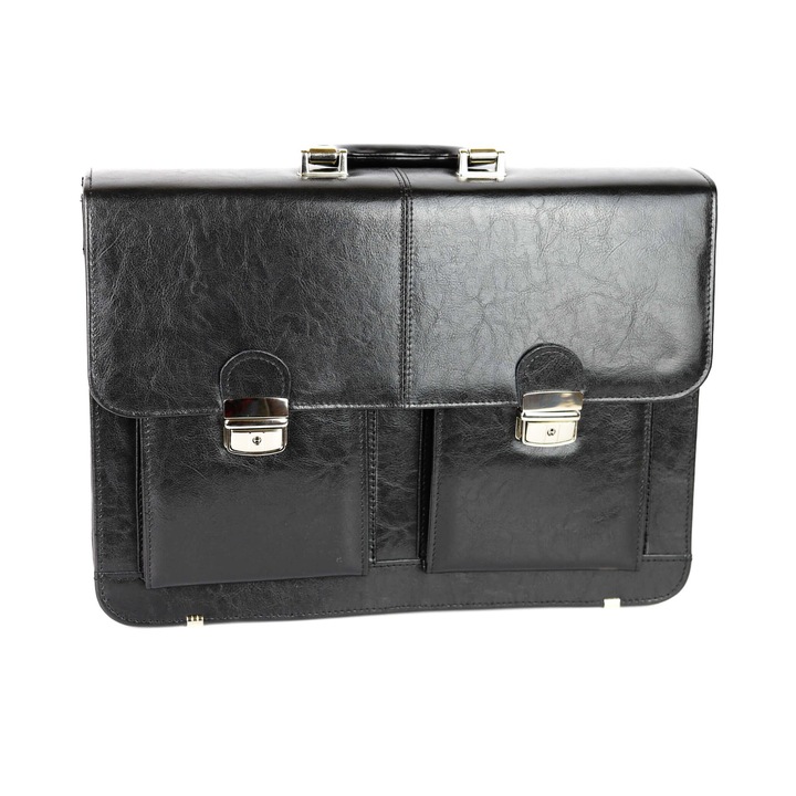 Мъжко куфарче с 2 джоба, френско, Естествена кожа, Черно/Златно