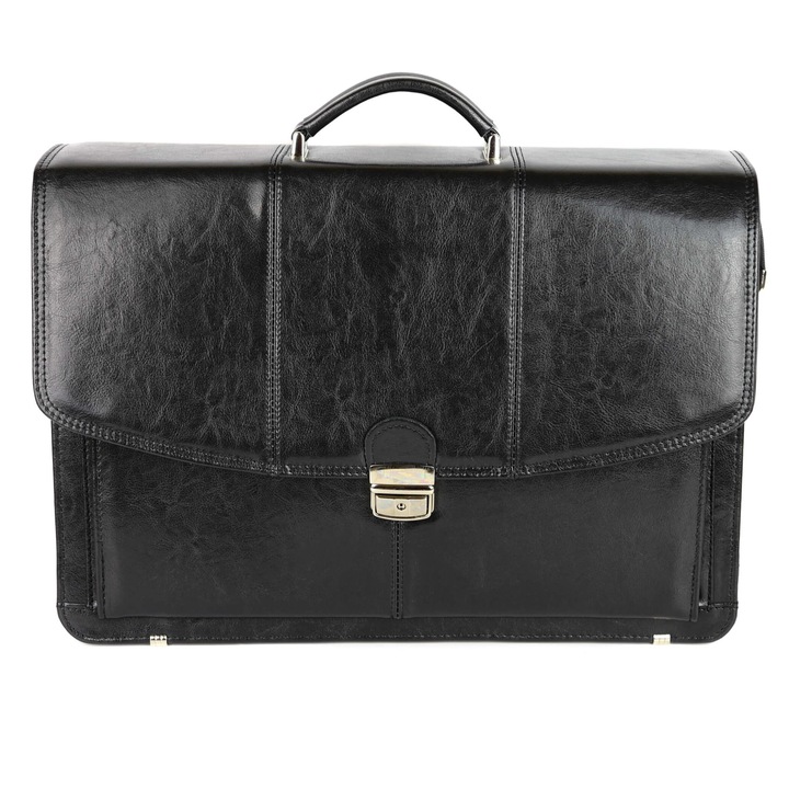 Мъжко куфарче с 3 джоба, френско, Естествена кожа, 48x33x17 см, Черно/Златно