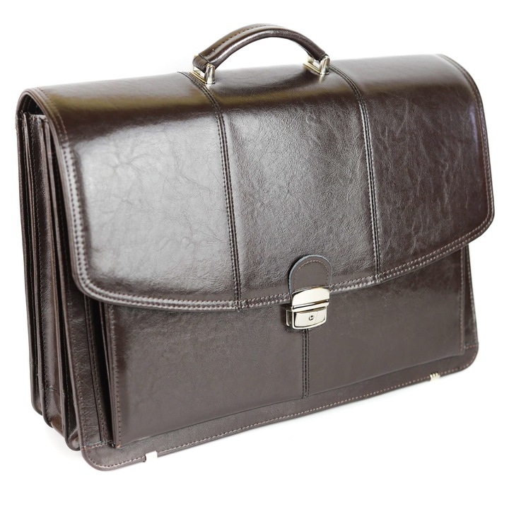 Мъжко куфарче с 3 джоба, френско, Естествена кожа, 48x33x17 см, Тъмно кафяво/Златно