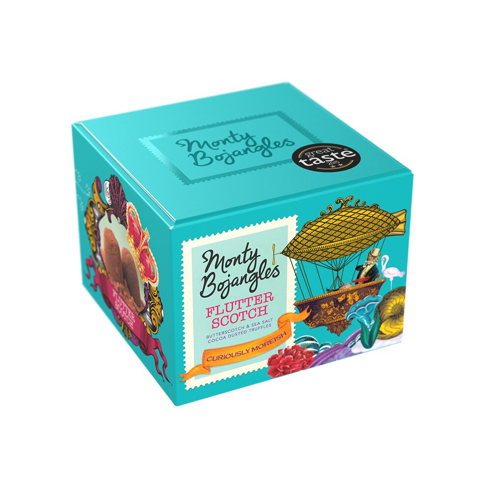 Trufe de ciocolata Flutter Scotch Curious Truffles - cutie cu 100g trufe frantuzesti cu unt caramelizat si sare de mare