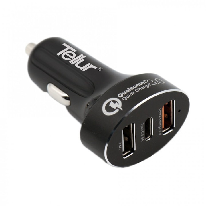 Tellur Quick Charge 3.0 USB-C Autós töltő, 2xUSB, 8.4A, Fekete