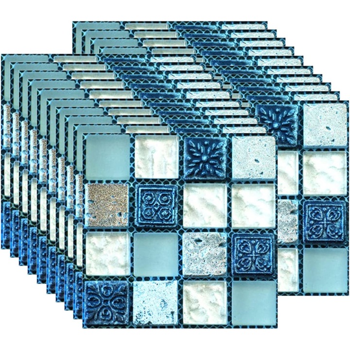 Set 20 buc Tapet autoadeziv din faianta, rezistent la caldura, rezistent la apa, pentru bucatarie, baie, mozaic, albastru, 10 x 10 cm / 4 x 4 inch