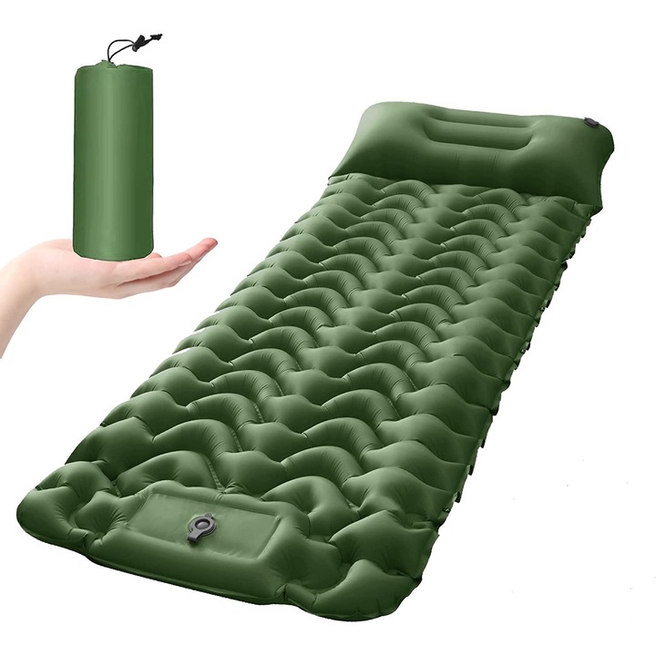 Saltea de camping cu pompa pentru picioare, Nylon, 190x59x6 cm, Verde