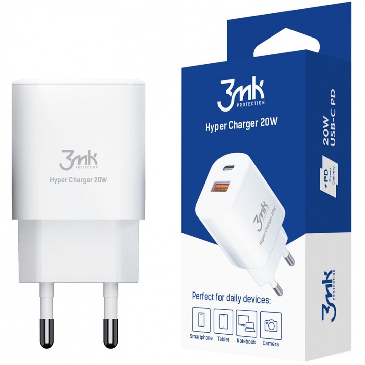 3MK hálózati töltő, hipertöltő, gyorstöltés, 20 W, 1 x USB - 1 x USB Type-C, fehér