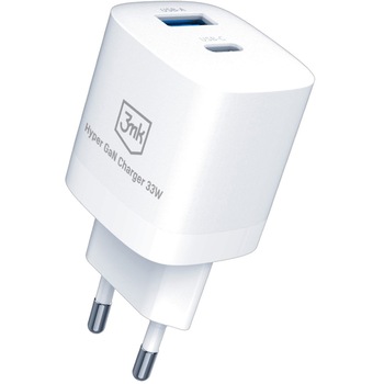 Incarcator Retea 3MK, HyperCharger GaN, Quick Charge, 33W, 1 X USB - 1 X USB Type-C, Alb