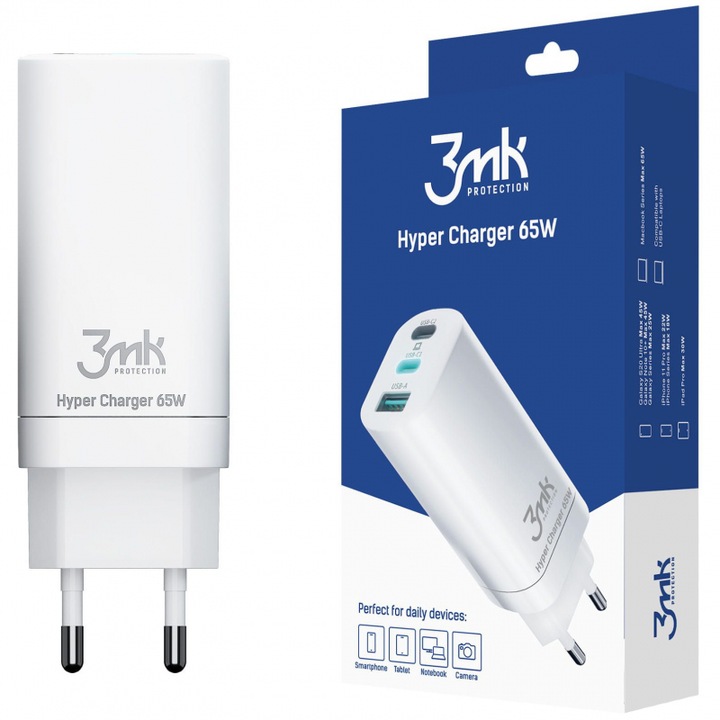 3MK hálózati töltő, HyperCharger, GaN, gyorstöltés, 65 W, 1 x USB - 2 x USB Type-C, fehér