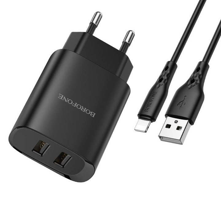Borofone hálózati töltő, BN2, 2 X USB, 2.1A, Lightning kábel, fekete