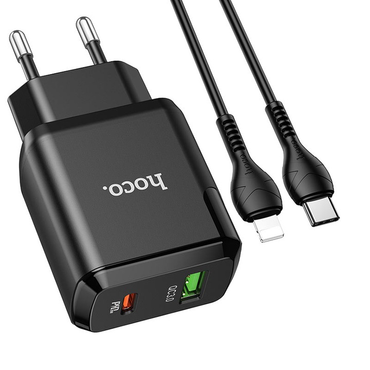 Мрежово зарядно устройство HOCO, N5 Favor, Quick Charge, 20W, 1 х USB - 1 х USB Type-C, Кабел Lightning, Черен