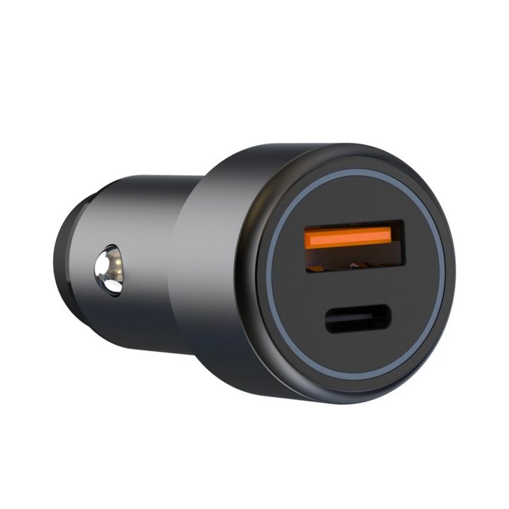 Incarcator auto SmartGSM Fast Charge 38W, USB-C + USB-A, Aluminiu, Negru