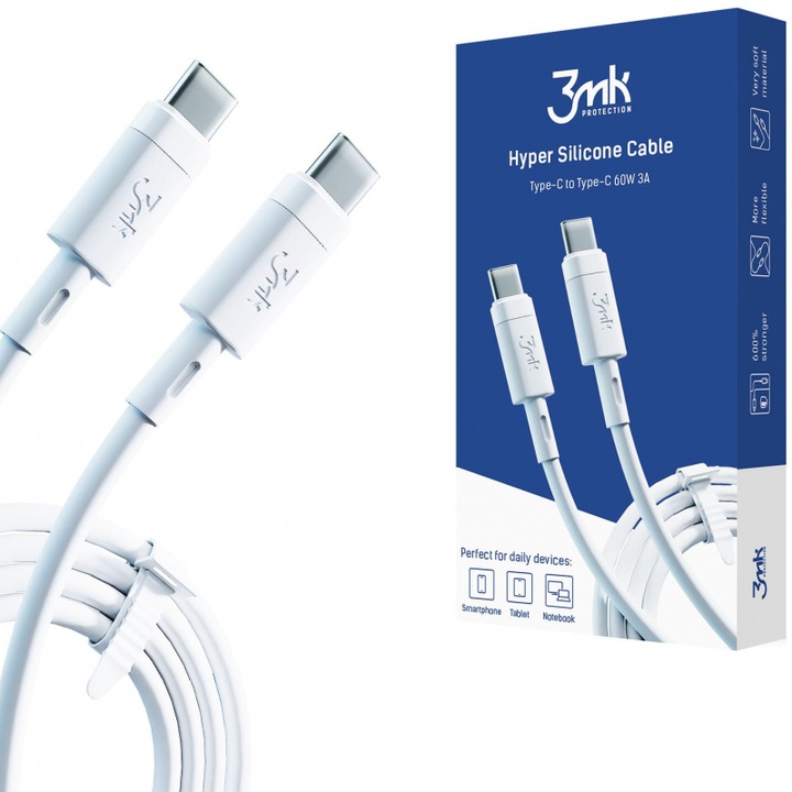 3MK adat- és töltőkábel, hiperszilikon, USB Type-C – USB Type-C, 1 m, PD 60W, 3A, fehér
