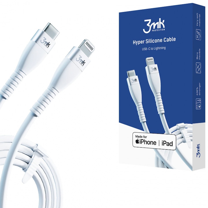 3MK adat- és töltőkábel, Hyper Szilikon, USB Type-C to Lightning 1m, PD 20W, 3A, fehér