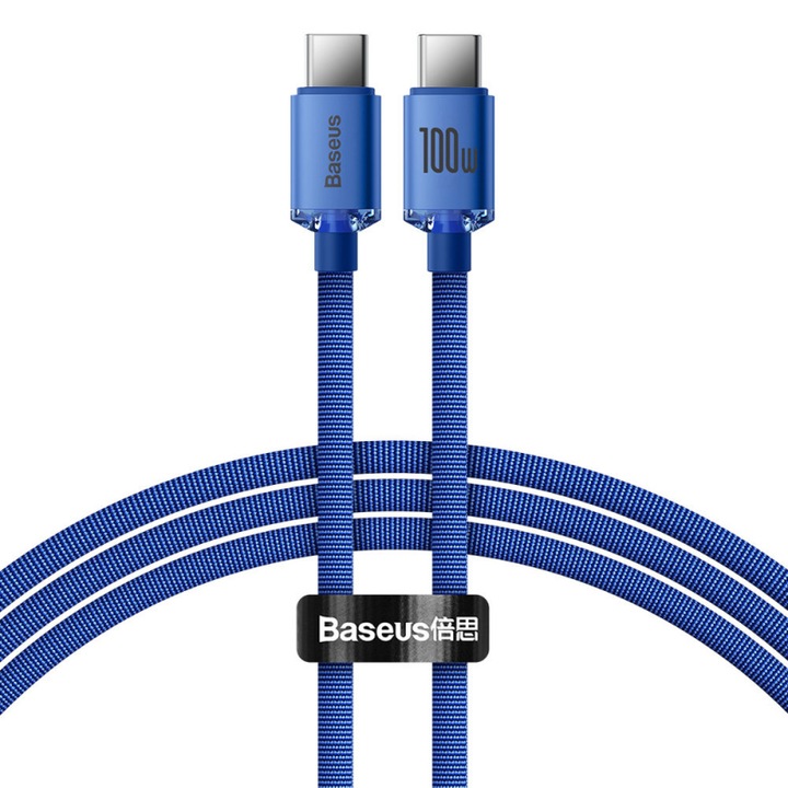Cablu Incarcare Baseus, Crystal Shine Series CAJY000603, USB Type-C la USB Type-C, 1.2m, 100W, Albastru